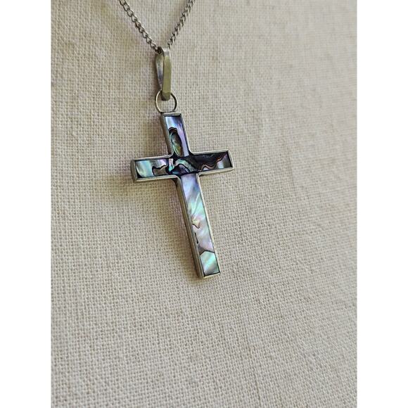 Vintage Cross Pendant Abalone Shell Inlay Mexico Southwestern Boho Festival - Picture 7 of 9